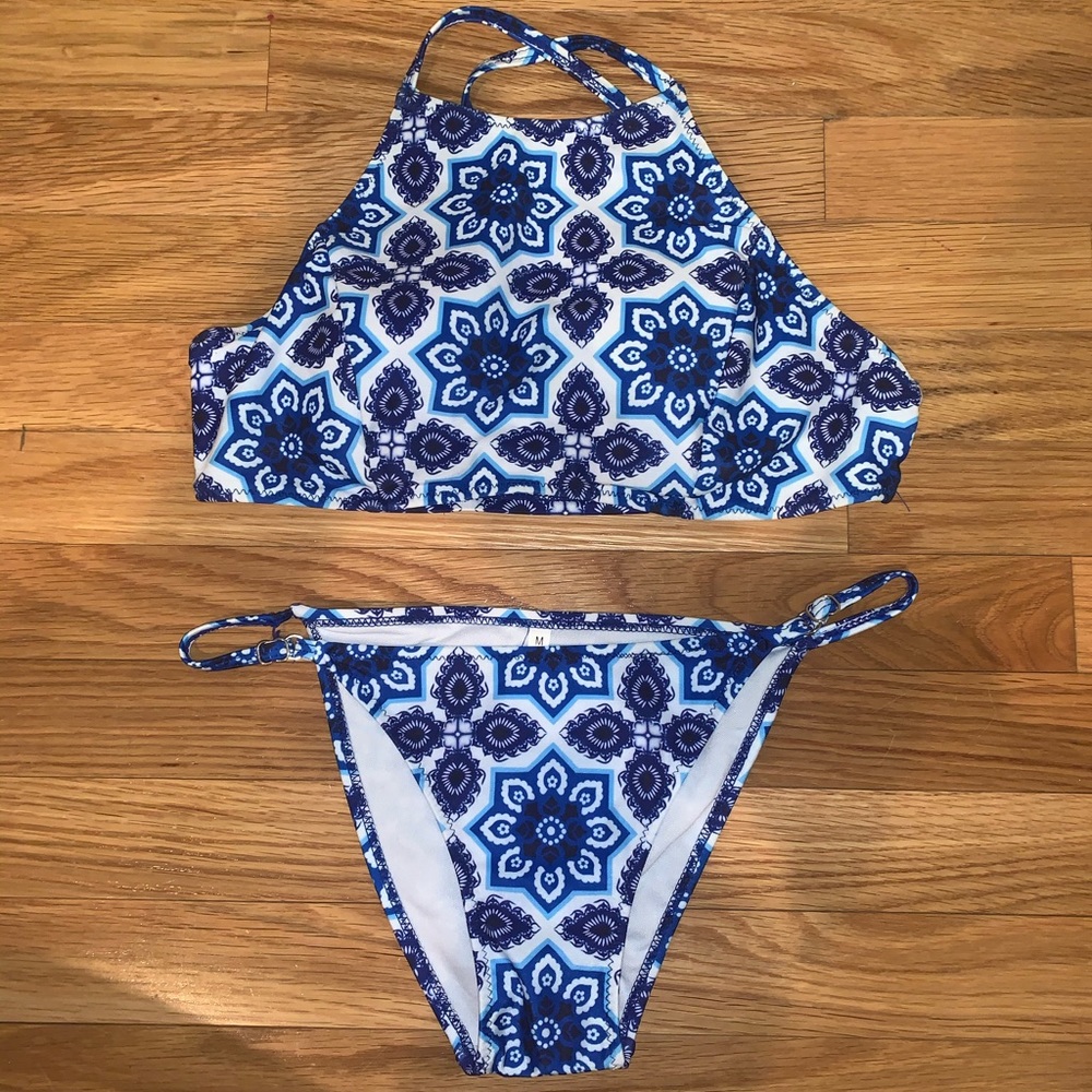 Blue Patterned High Neck Bikini